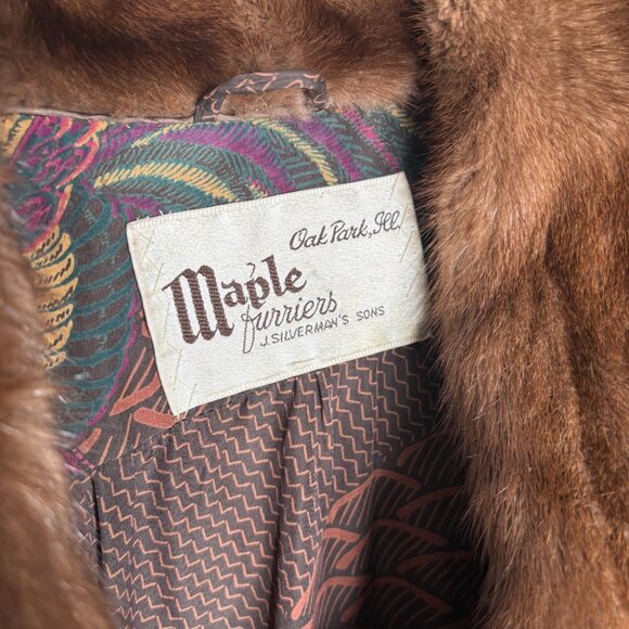 Vintage Maple Furriers Fur Collar Leather Swing Coat‎ Floral Brown Boho RARE - Picture 3 of 11